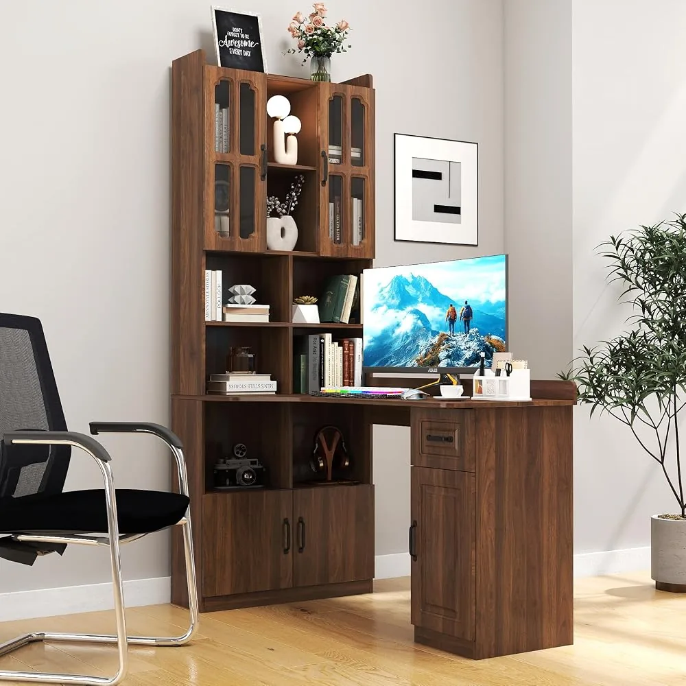 merax l shaped computer desk with hutch drawers 76 tall bookcase right side corner desk for home office modern bookshelf with study desk walnut
