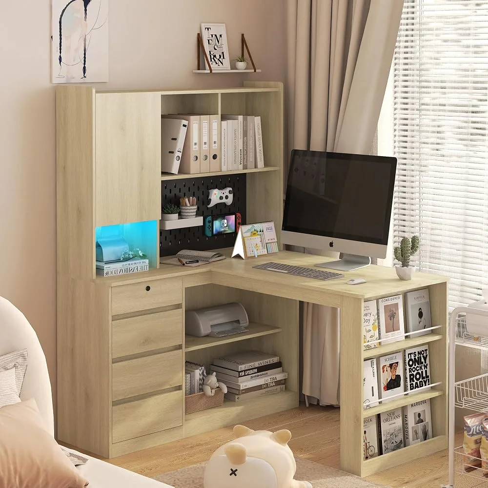 merax l shaped computer desk with led light bookshelf display shelf charging station corner desk for home office